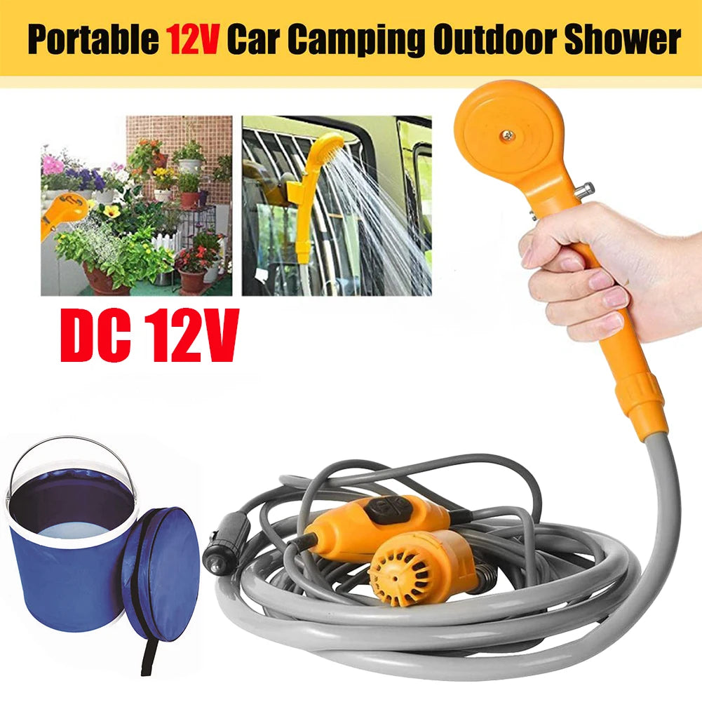 12V Portable Camping Shower Pump with Foldable Bucket Options
