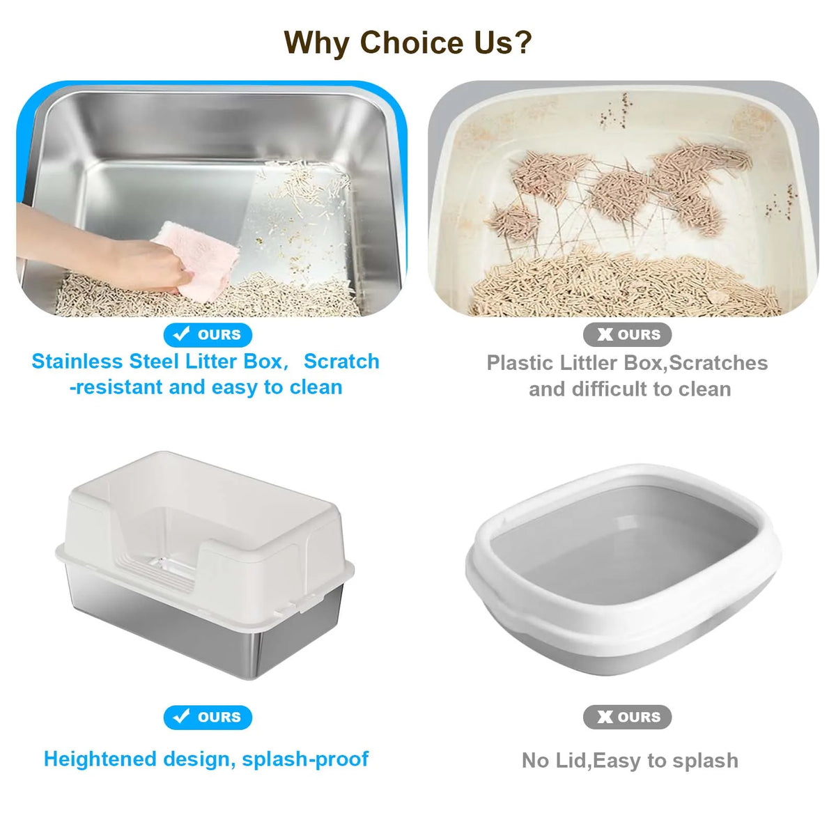 Stainless Steel Semi-Enclosed Cat Litter Box | High Sides | Anti-Splash | 3 Sizes