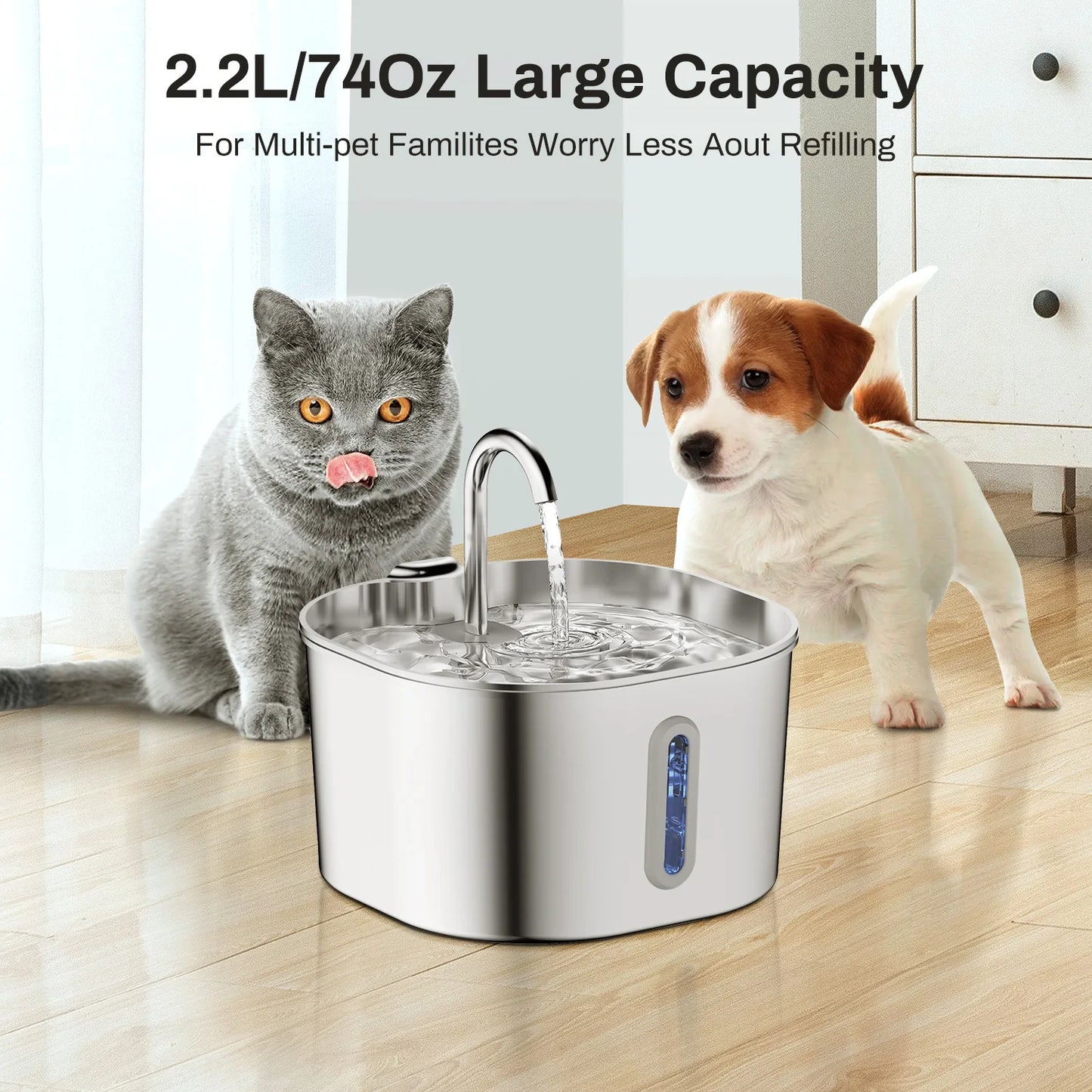 ZYfeeder Fontaine à eau pour animaux de compagnie en acier inoxydable de 2,2 L, fontaine d'eau artésienne pour chats, pompe à eau ultra-silencieuse avec filtre