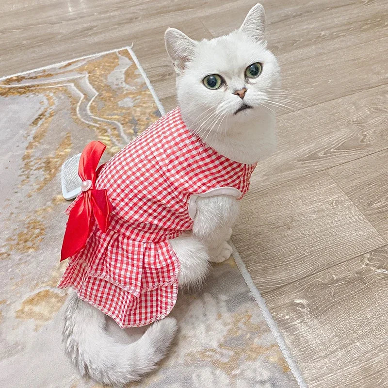 Robe de princesse pour animaux de compagnie - Robe d'été à rayures et carreaux avec nœud pour chats et petits chiens