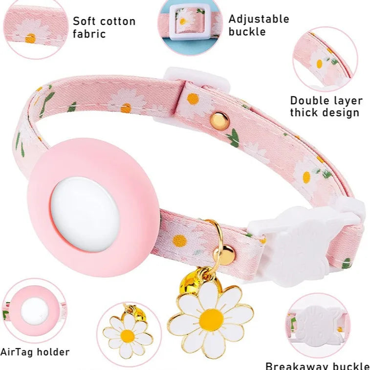 Collier de chat sécurisé avec support AirTag marguerite et grelot