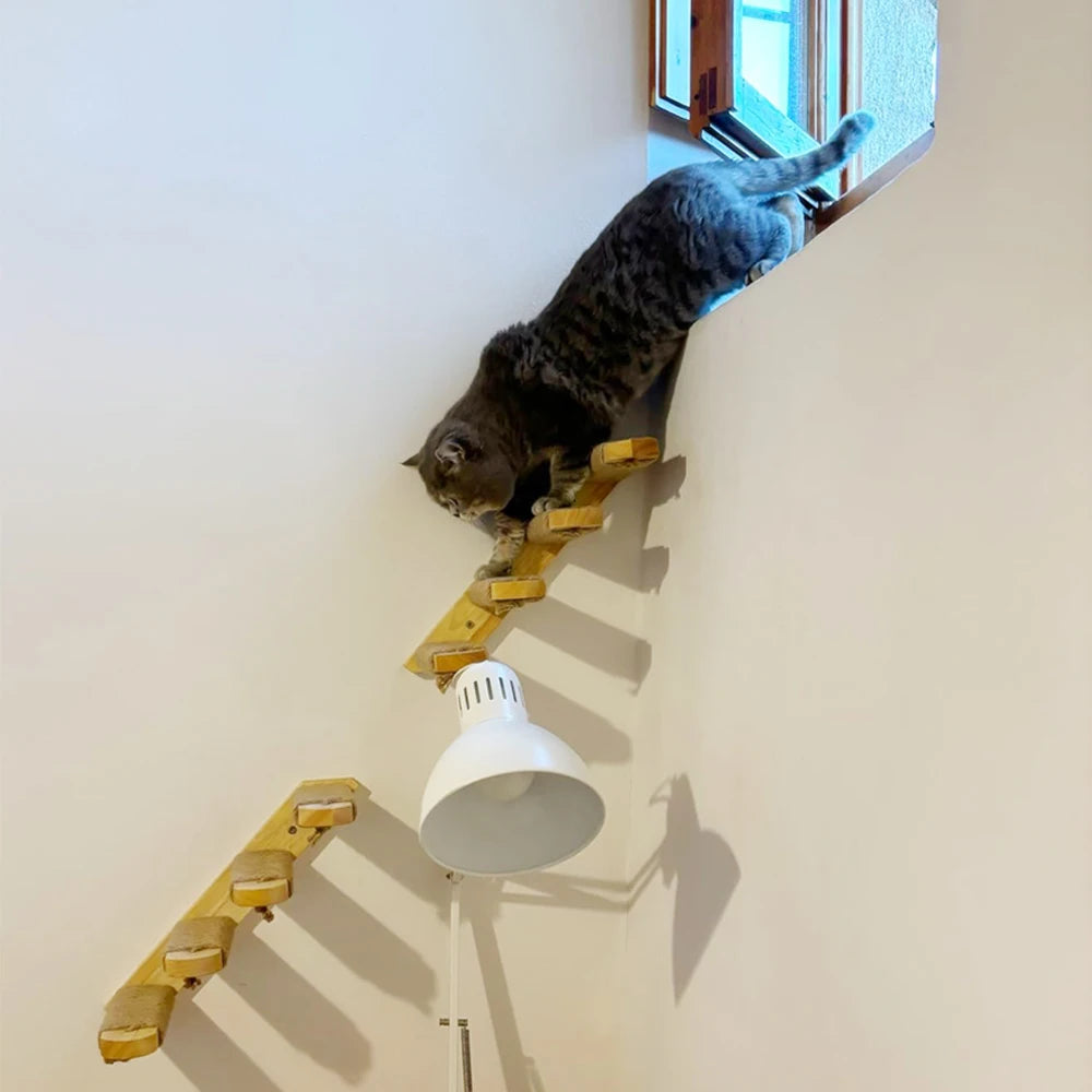 Wall-Mounted Wooden Cat Climbing Steps with Sisal