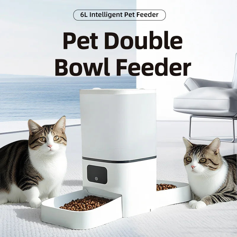6L WiFi Automatic Pet Feeder — Dual Bowl Smart Food Dispenser for 2 Cats or Dogs