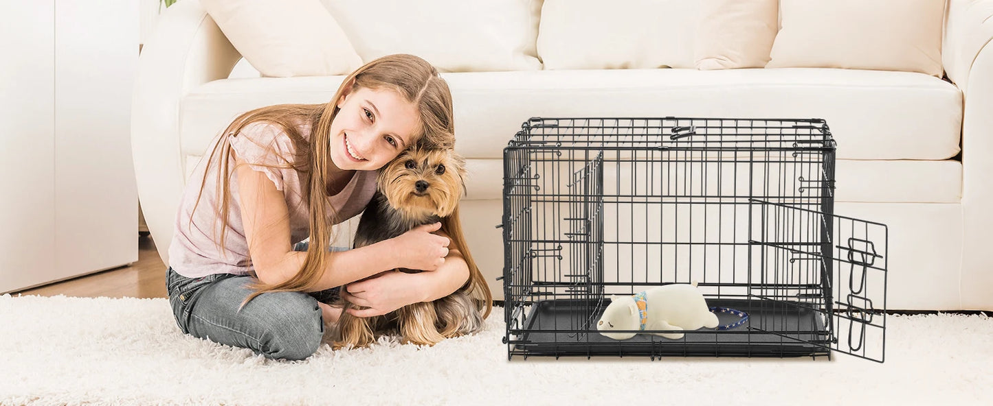 Folding Metal Wire Dog Crate with Leak-Proof Tray | Double Door