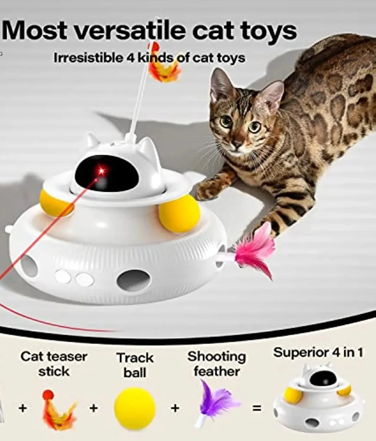 Jouet interactif pour chat 4 en 1, rechargeable par USB, avec plumeau et balle