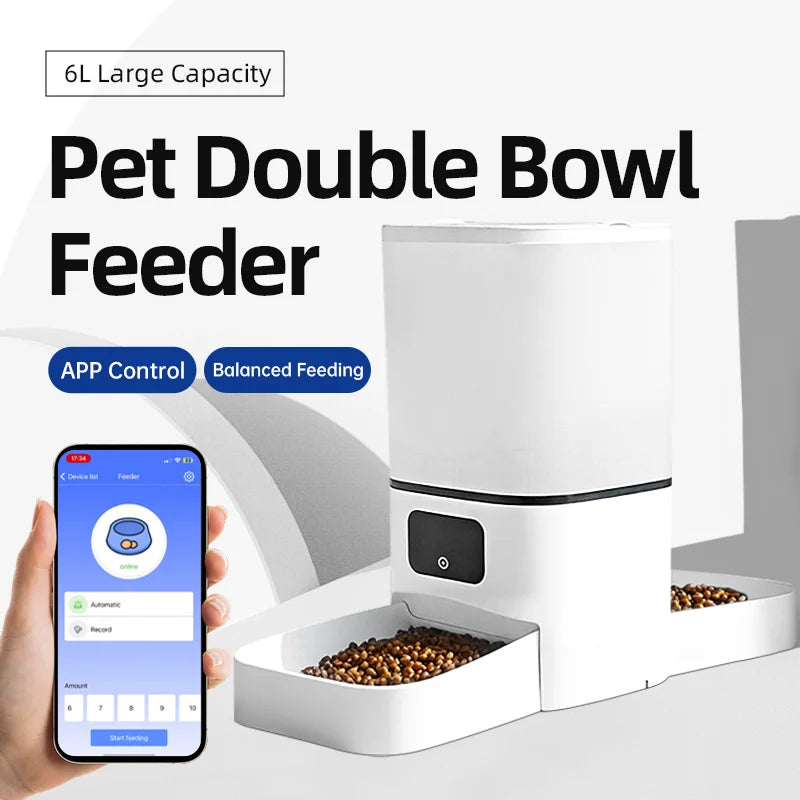 6L WiFi Automatic Pet Feeder — Dual Bowl Smart Food Dispenser for 2 Cats or Dogs