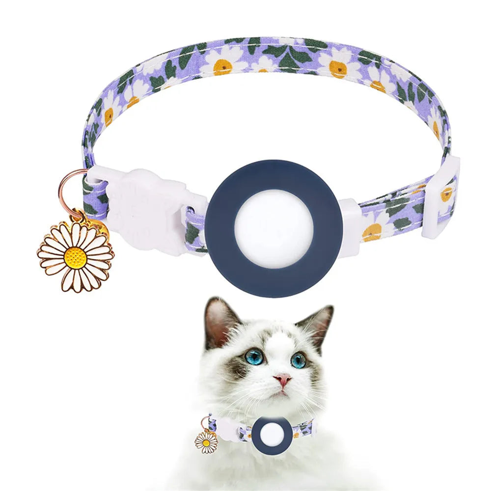 Collier de chat sécurisé avec support AirTag marguerite et grelot