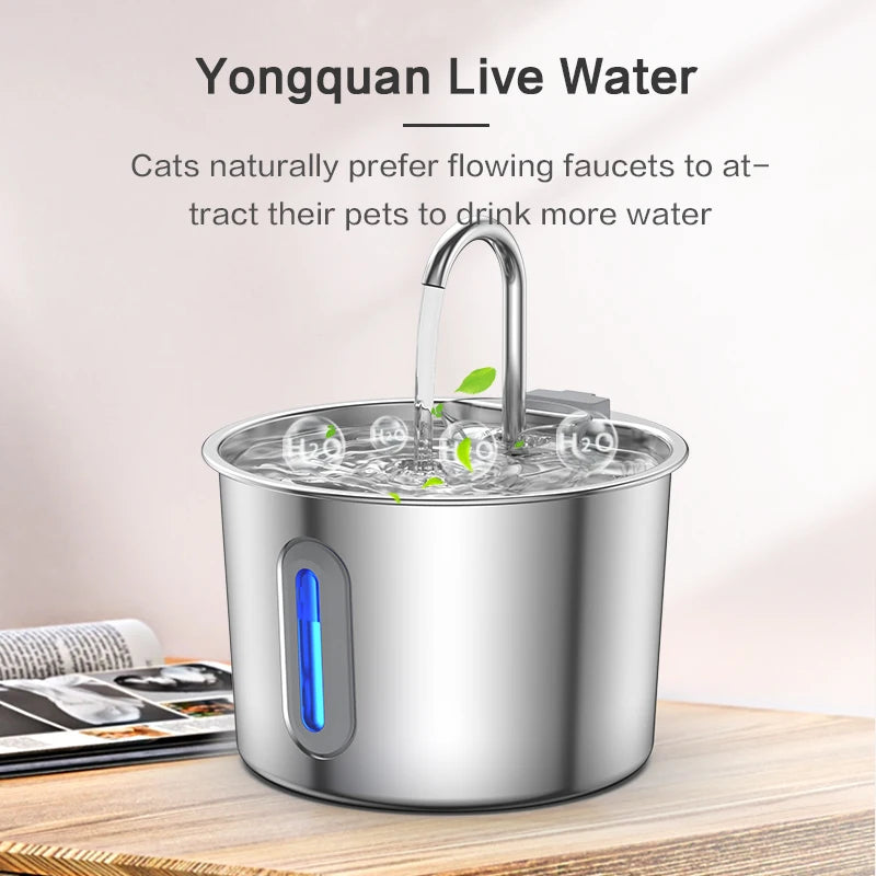 Stainless steel cat water fountain with viewing window cat fountain. Multi-filter automatic pet water dispenser, silent cat wate
