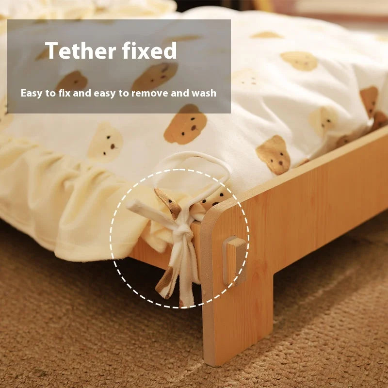 Solid Wood Pet Bed with Removable Washable Mat – All-Season Cat & Dog House