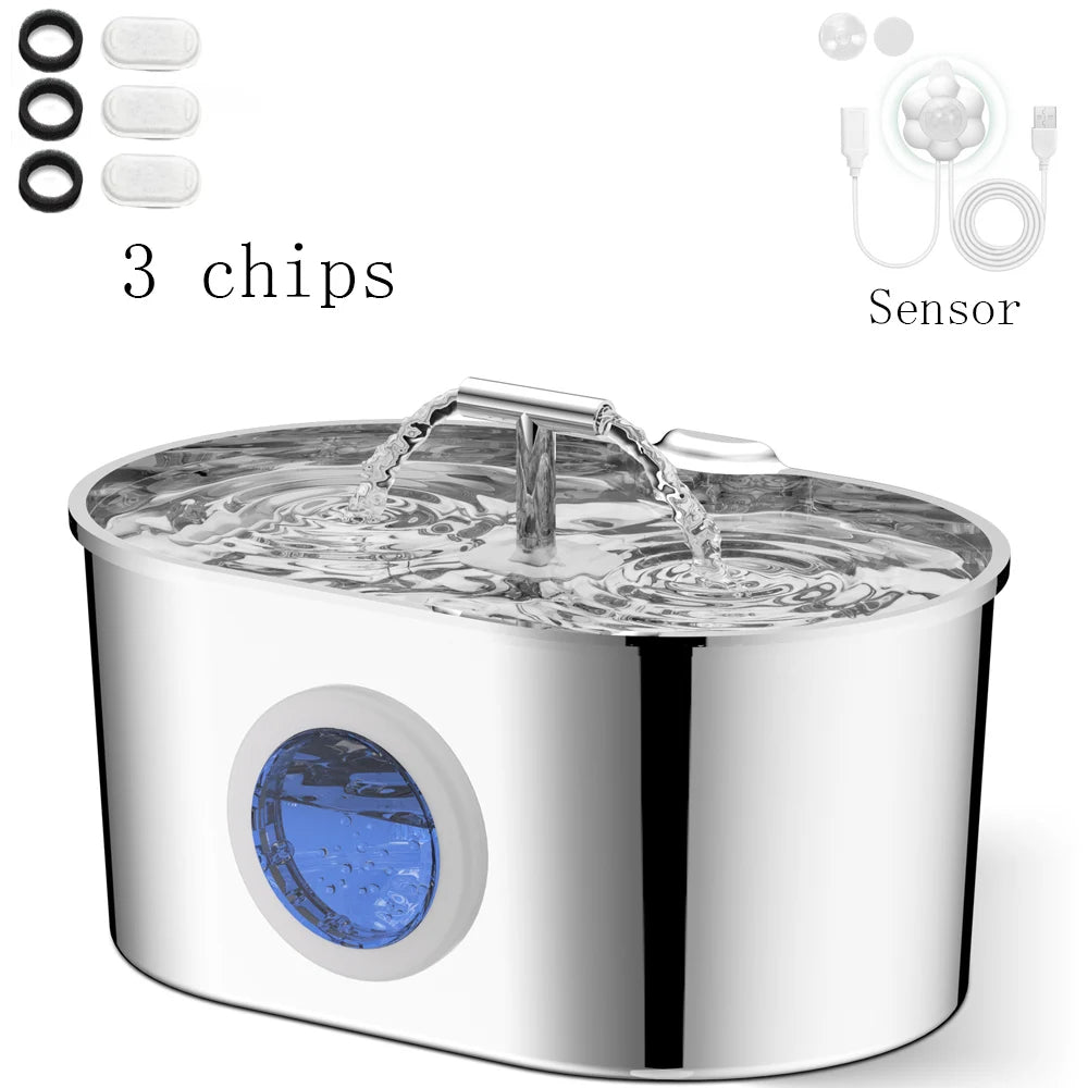 Fontaine à eau pour animaux de compagnie en acier inoxydable de 2,2 L – Double sortie avec fenêtre de niveau d'eau
