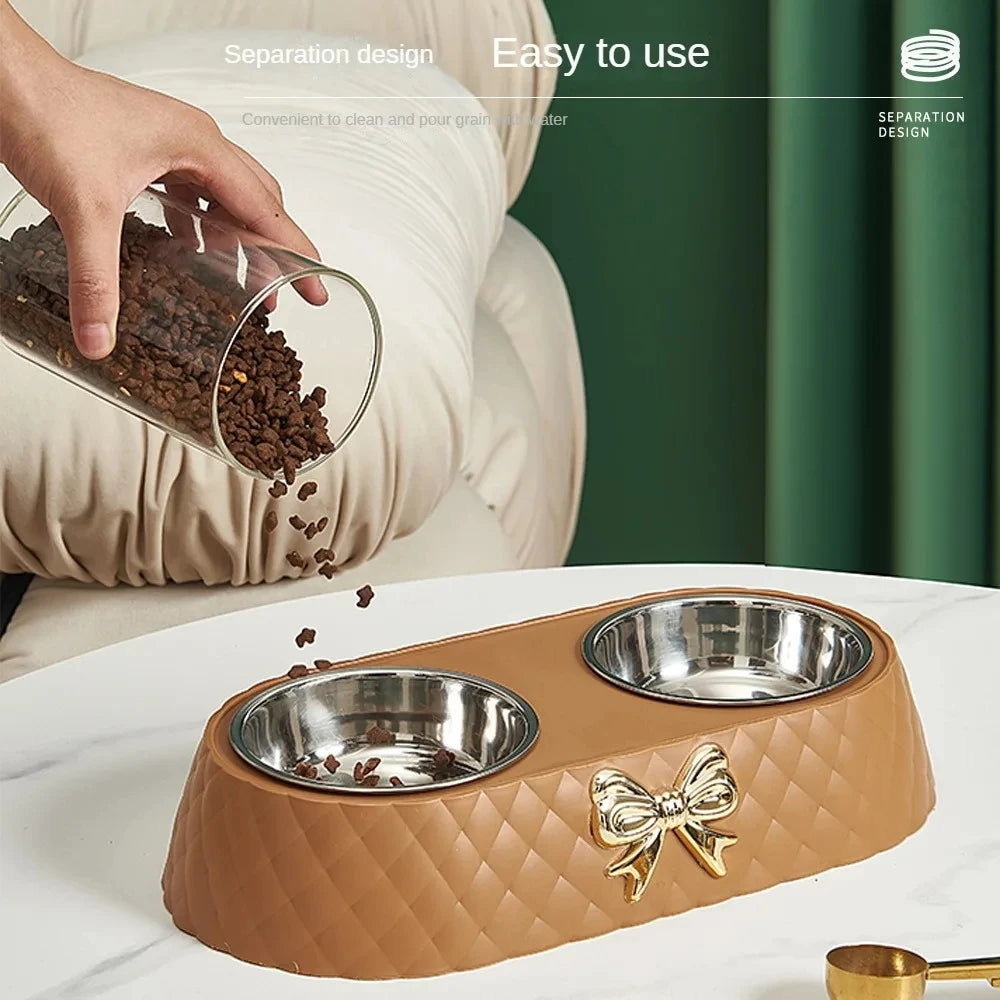 Bow-Tie Double Pet Bowl – Stainless Steel Inserts with PP Stand, for Cats & Dogs
