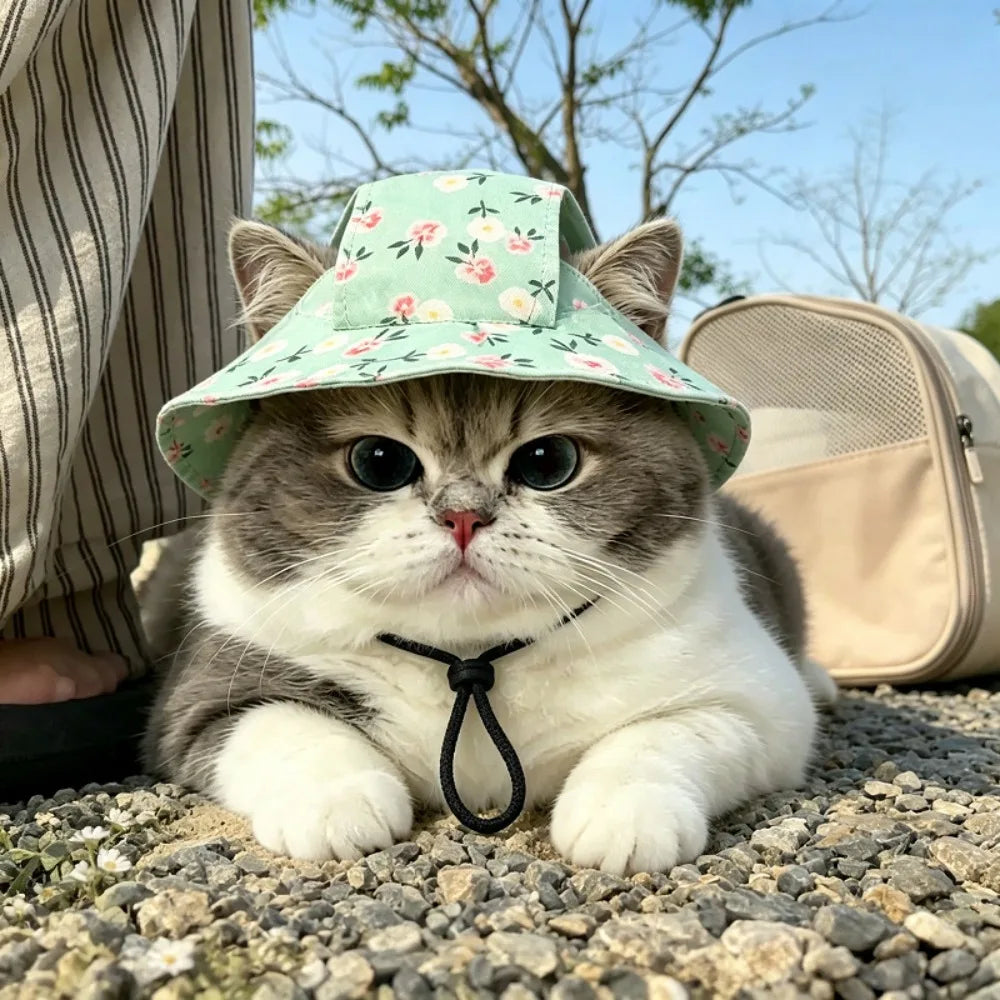 Cotton Bucket Sun Hat with Ear Holes for Cats & Small Dogs