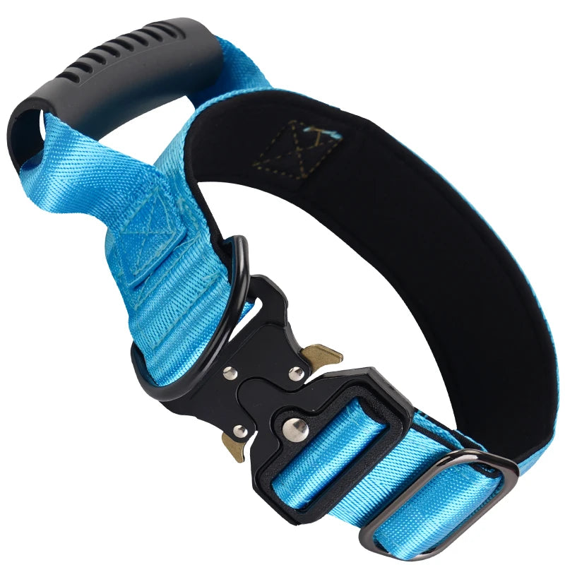 Heavy Duty Tactical Dog Collar with Handle — Metal Buckle Training Collar for Medium & Large Dogs