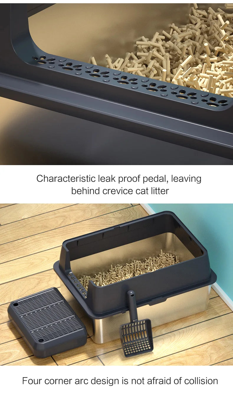 XXXL Stainless Steel Cat Litter Box with Lid — High Sides for Large & Big Cats