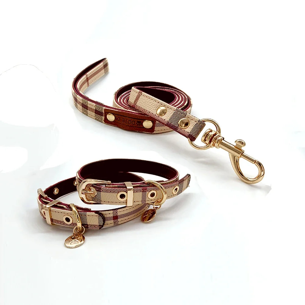 Leather Dog Collar & Leash Set – Black & White Stripe