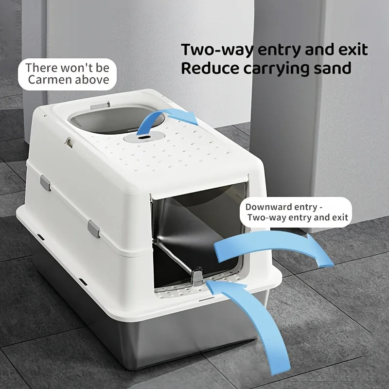Enclosed Stainless Steel Cat Litter Box with Flip Cover & Non-Slip Mat