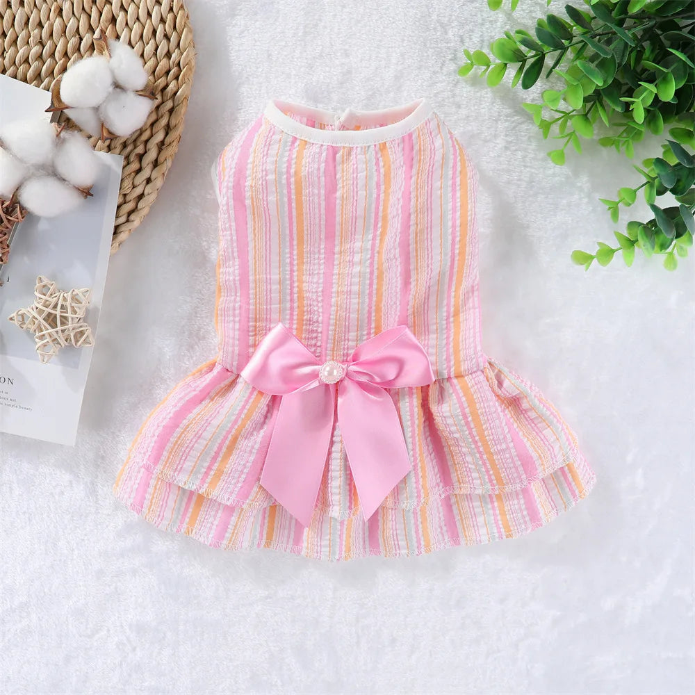 Robe de princesse pour animaux de compagnie - Robe d'été à rayures et carreaux avec nœud pour chats et petits chiens