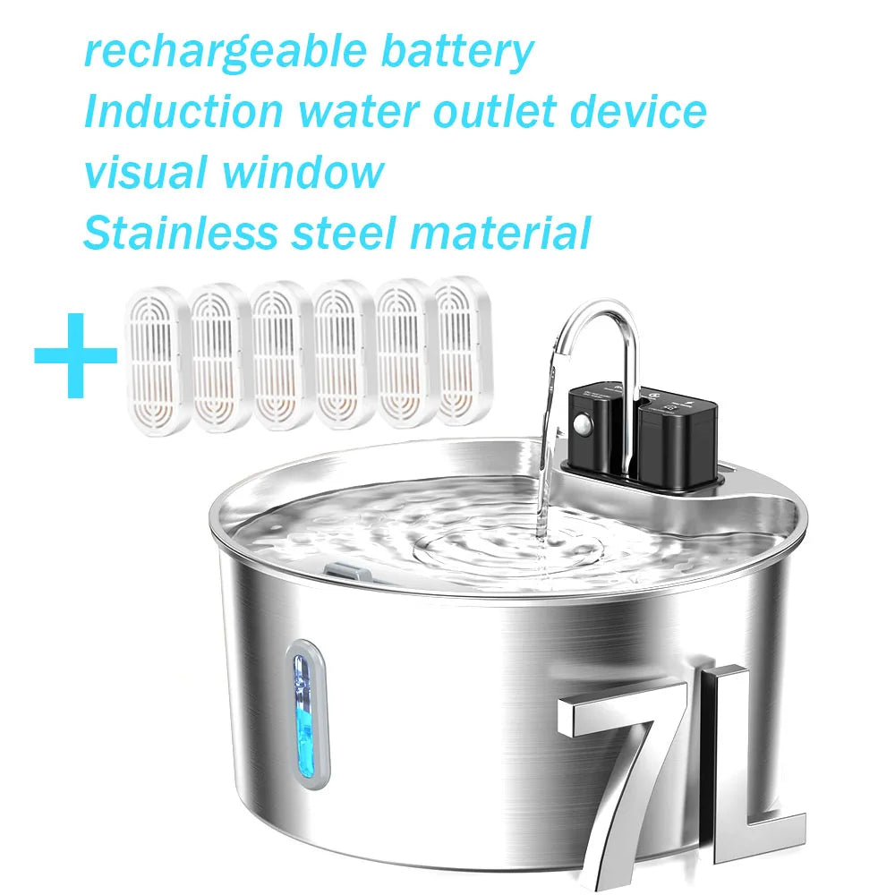 7L wireless rechargeable cat water fountain, stainless steel dog water fountain, pet water fountain with visual window