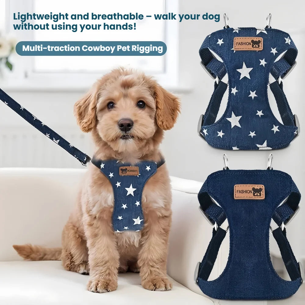 Harnais anti-évasion en jean maillé avec laisse pour chien et chat | Gilet rembourré réglable pour petits chiens et chiots
