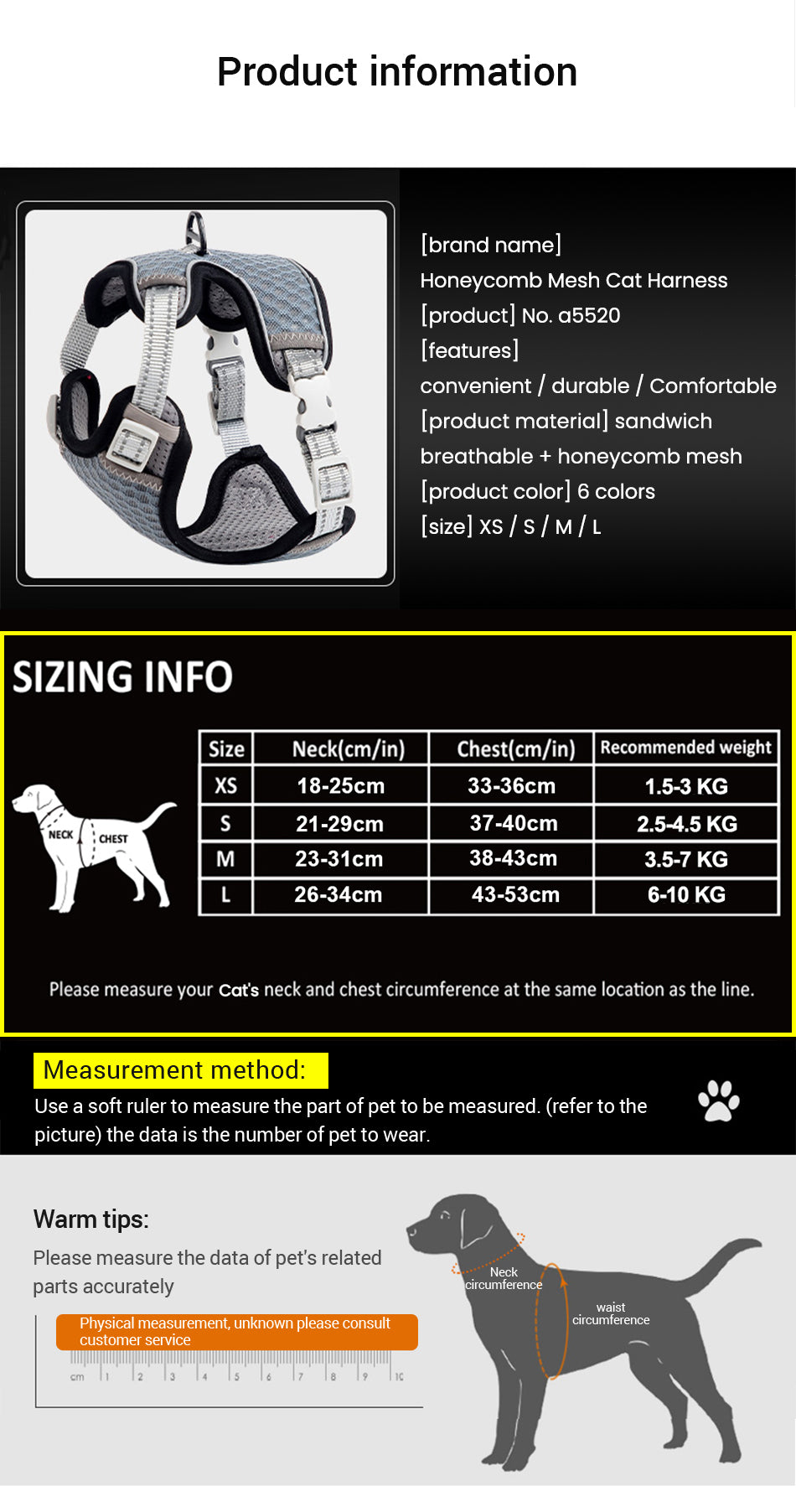 Reflective Cat Harness and Leash Set - Escape Proof, Adjustable Walking Harness