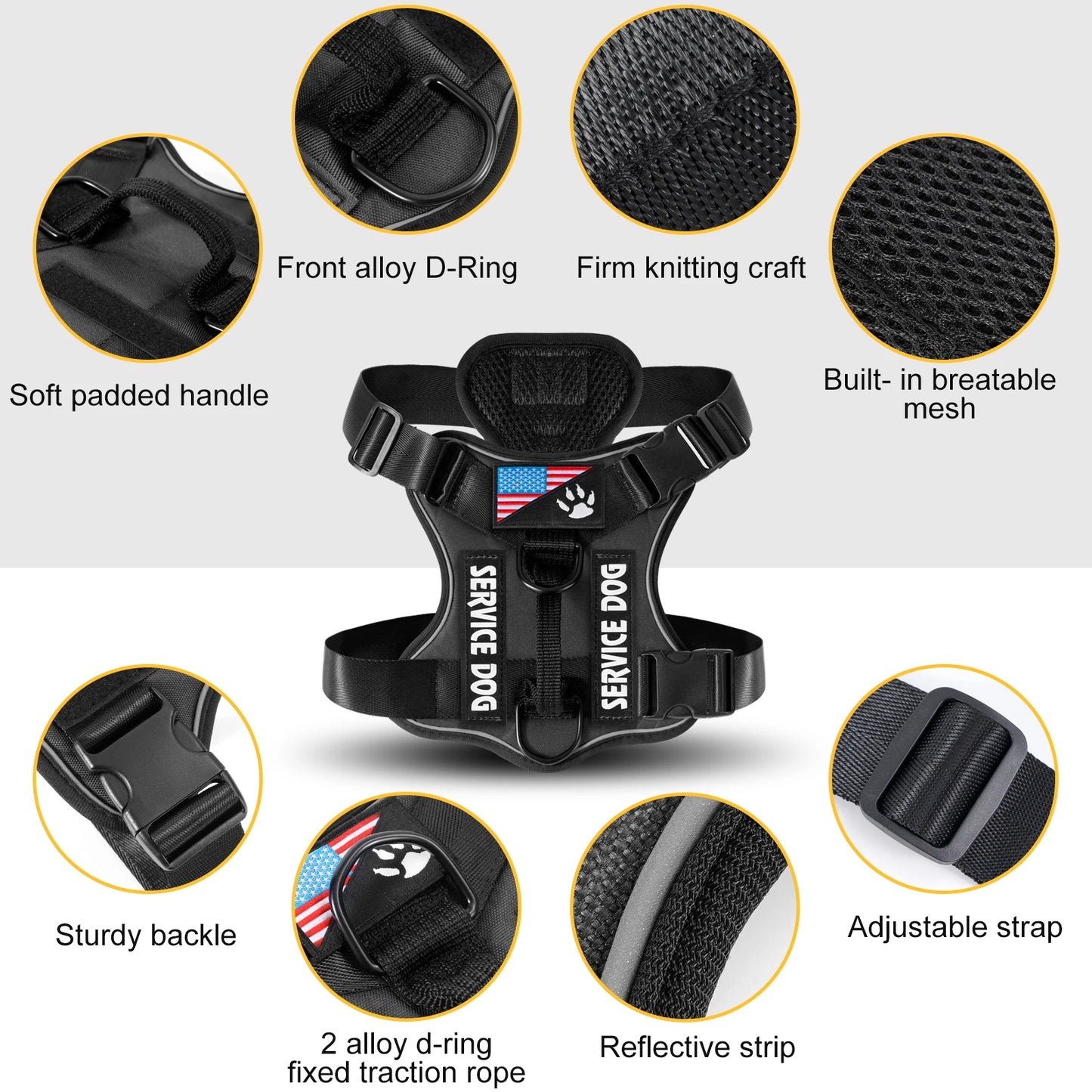 Reflective Service Dog Vest Harness with 5 Patches | Adjustable Soft Oxford Mesh Harness