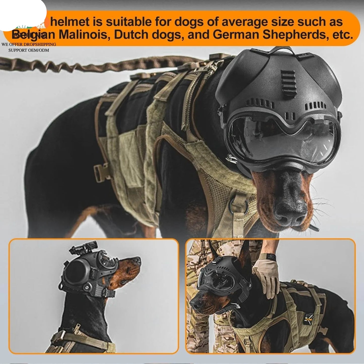 2-in-1 Tactical Dog Helmet with Detachable Goggles for Small & Medium Dogs