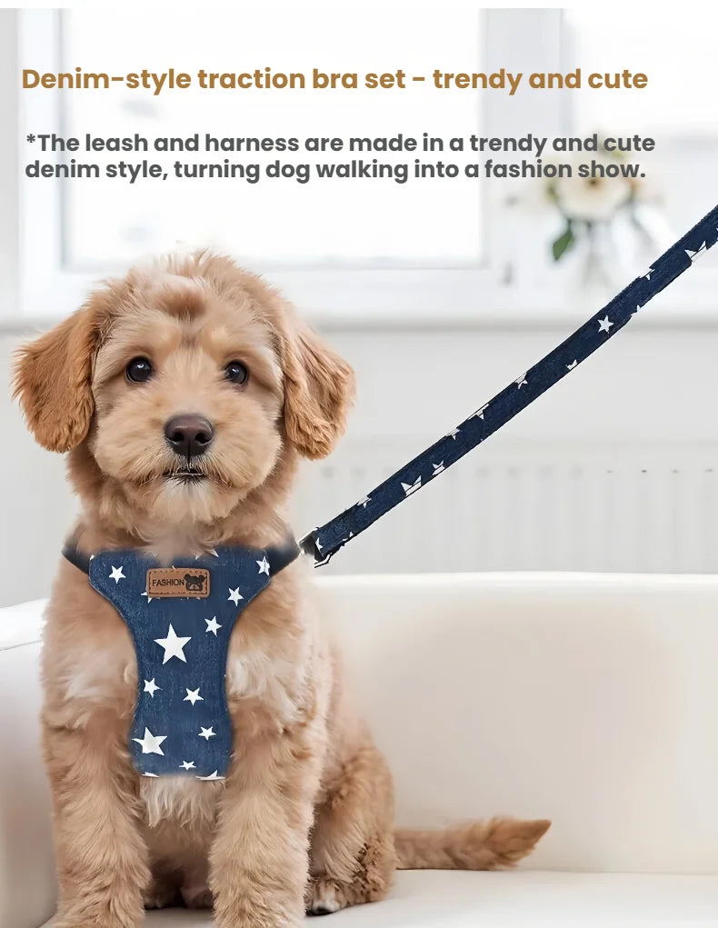 Harnais anti-évasion en jean maillé avec laisse pour chien et chat | Gilet rembourré réglable pour petits chiens et chiots
