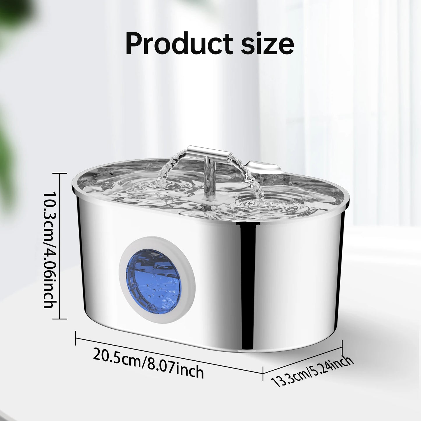 Fontaine à eau pour animaux de compagnie en acier inoxydable de 2,2 L – Double sortie avec fenêtre de niveau d'eau