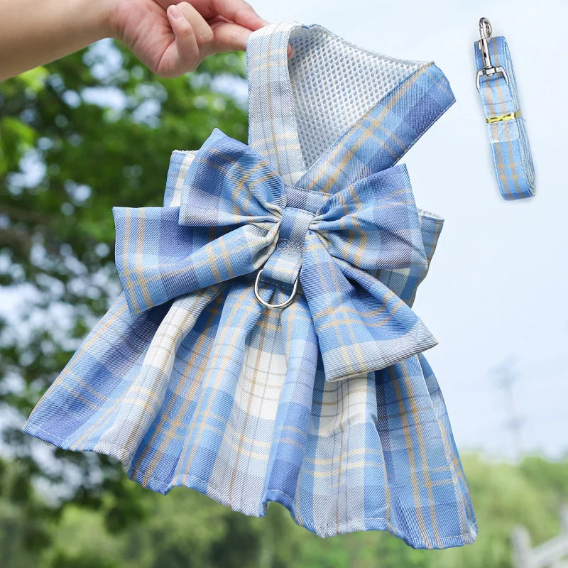 Plaid Bow Dress & Leash Set for Cats and Small Dogs
