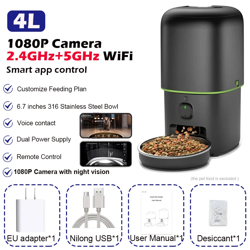 Smart Pet Feeder with 1080P Camera, Night Vision & Two-Way Audio — 2.4G/5G Wi-Fi, Tuya App