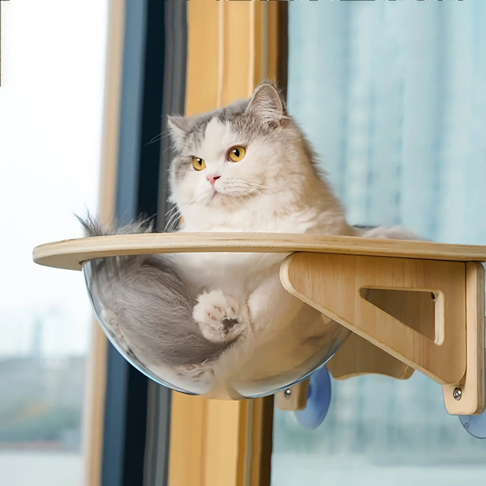 Cat Window Perch – Wooden Capsule Hammock Bed with Suction Cups
