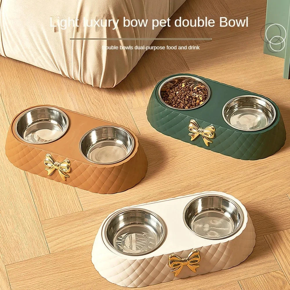 Bow-Tie Double Pet Bowl – Stainless Steel Inserts with PP Stand, for Cats & Dogs
