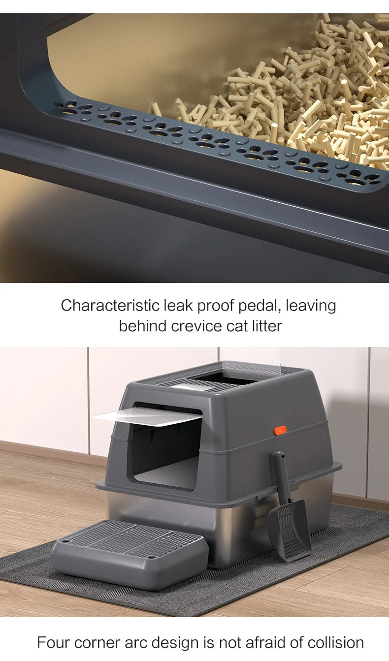 Extra Large Enclosed Stainless Steel Cat Litter Box with Lid