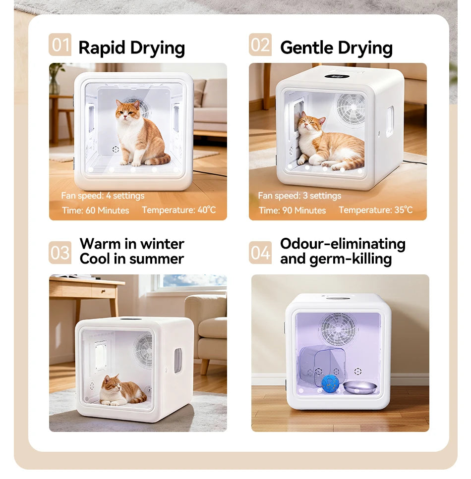 Boîte de séchage intelligente pour animaux de compagnie de 70 L avec séchage à 360° et contrôle automatique de la température