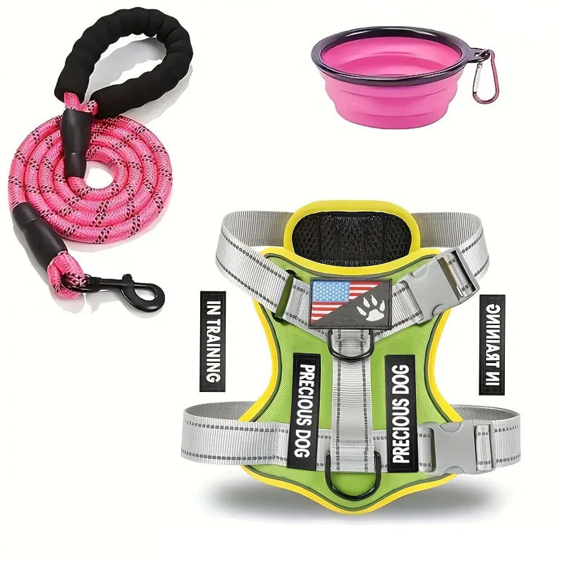 Ensemble harnais et laisse réfléchissants pour chien avec gamelle pliable
