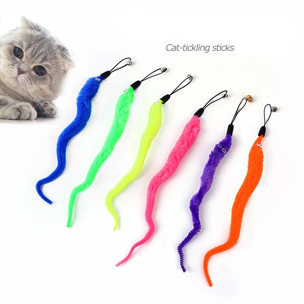 Feather Wand Cat Toy with Bell & Worm String - Interactive Teaser Set
