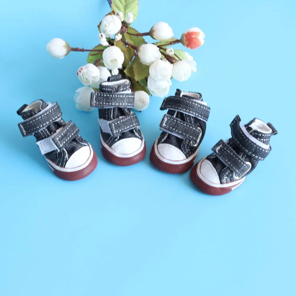 Anti-Slip Dog Shoes & Breathable Canvas Booties – Set of 4