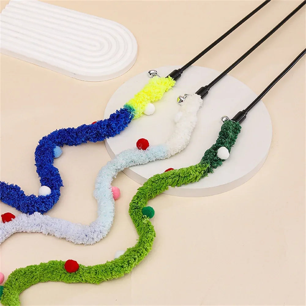 Rainbow Caterpillar Cat Wand Toy with Bell – Interactive Feather Stick