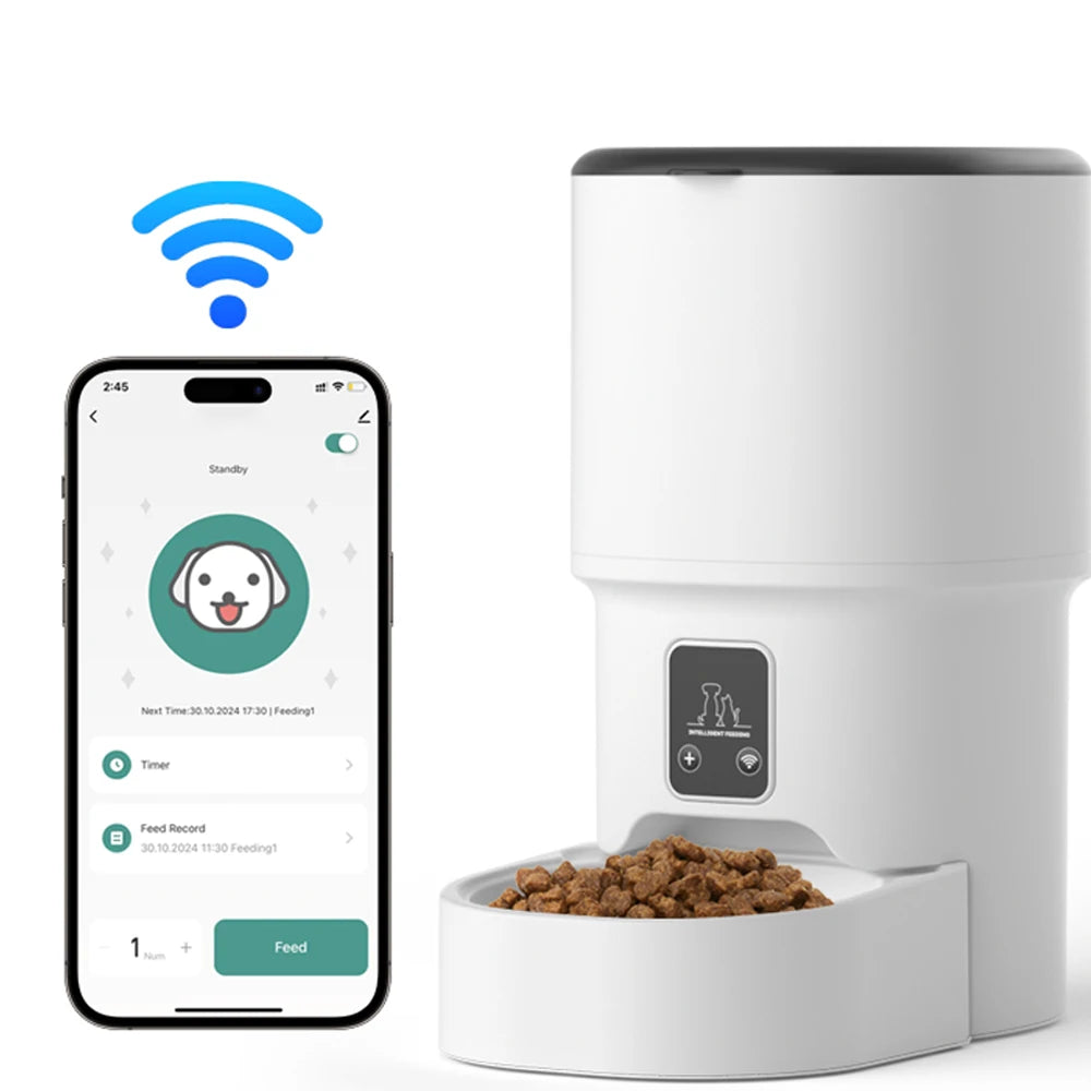 Distributeur intelligent pour chats Tuya WiFi grande capacité 4L, permet de programmer des repas chronométrés et quantitatifs, convient aux gamelles pour chats et chiens