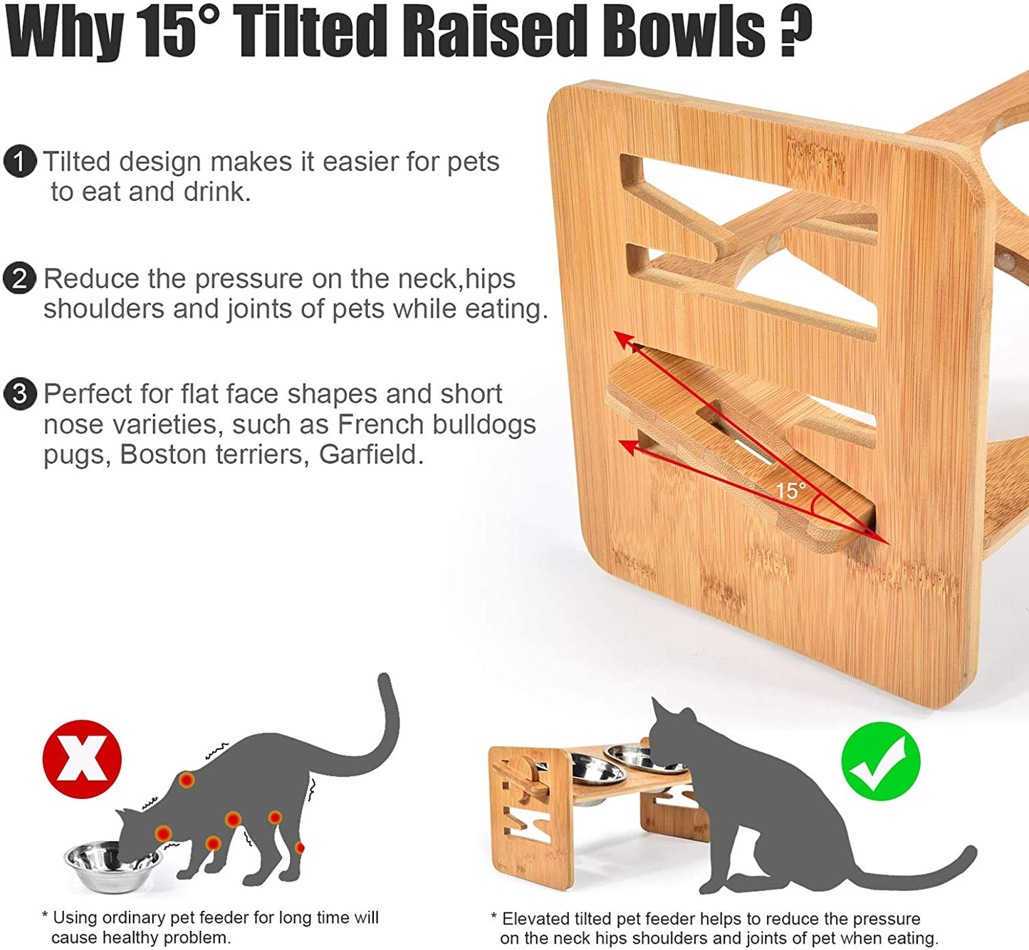 Bamboo Elevated Slanted Bowl Stand for Dogs & Cats — 15° Tilt or Flat, 6 Adjustable Heights