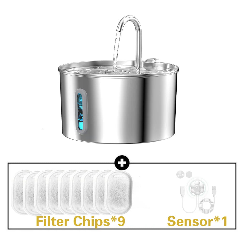 2.2L Stainless Steel Silent Pet Water Fountain — Dual Style with Filter & Sensor Options