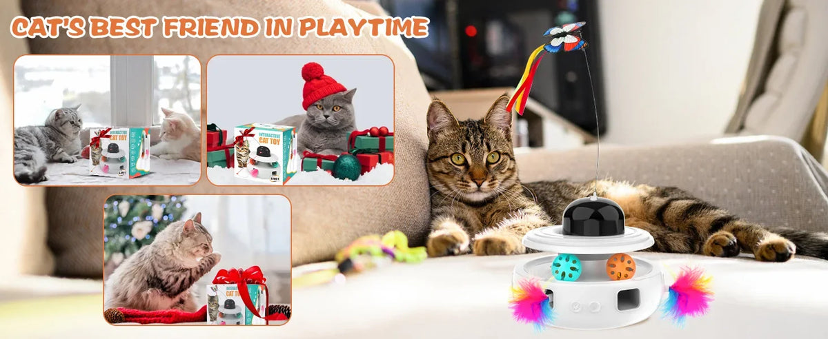 Quiet Electric Rolling Ball Cat Toy with LED Light & Feather