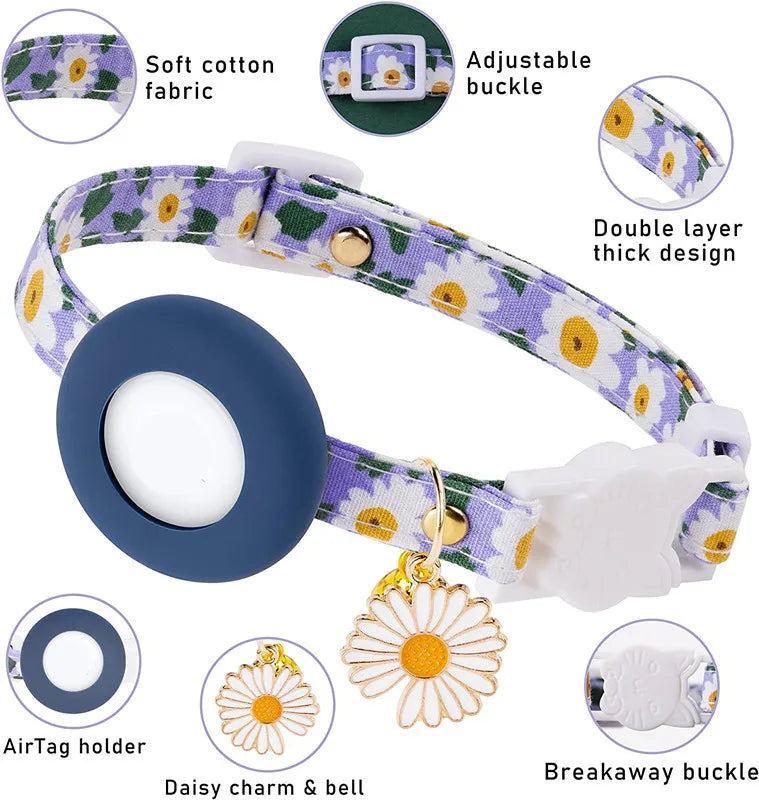 Collier de chat sécurisé avec support AirTag marguerite et grelot