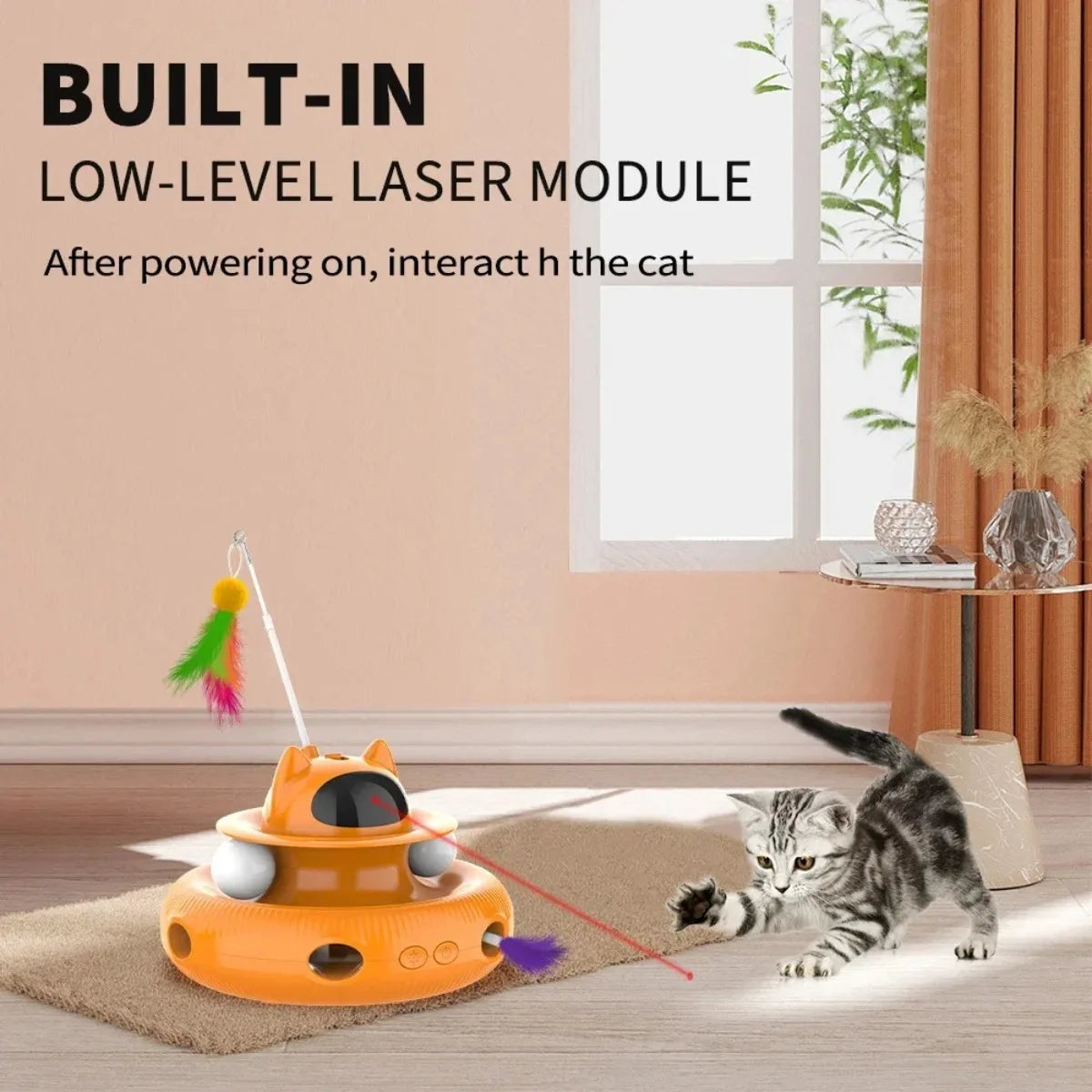 Jouet interactif intelligent 4-en-1 pour chat avec laser, plumes et balles de piste
