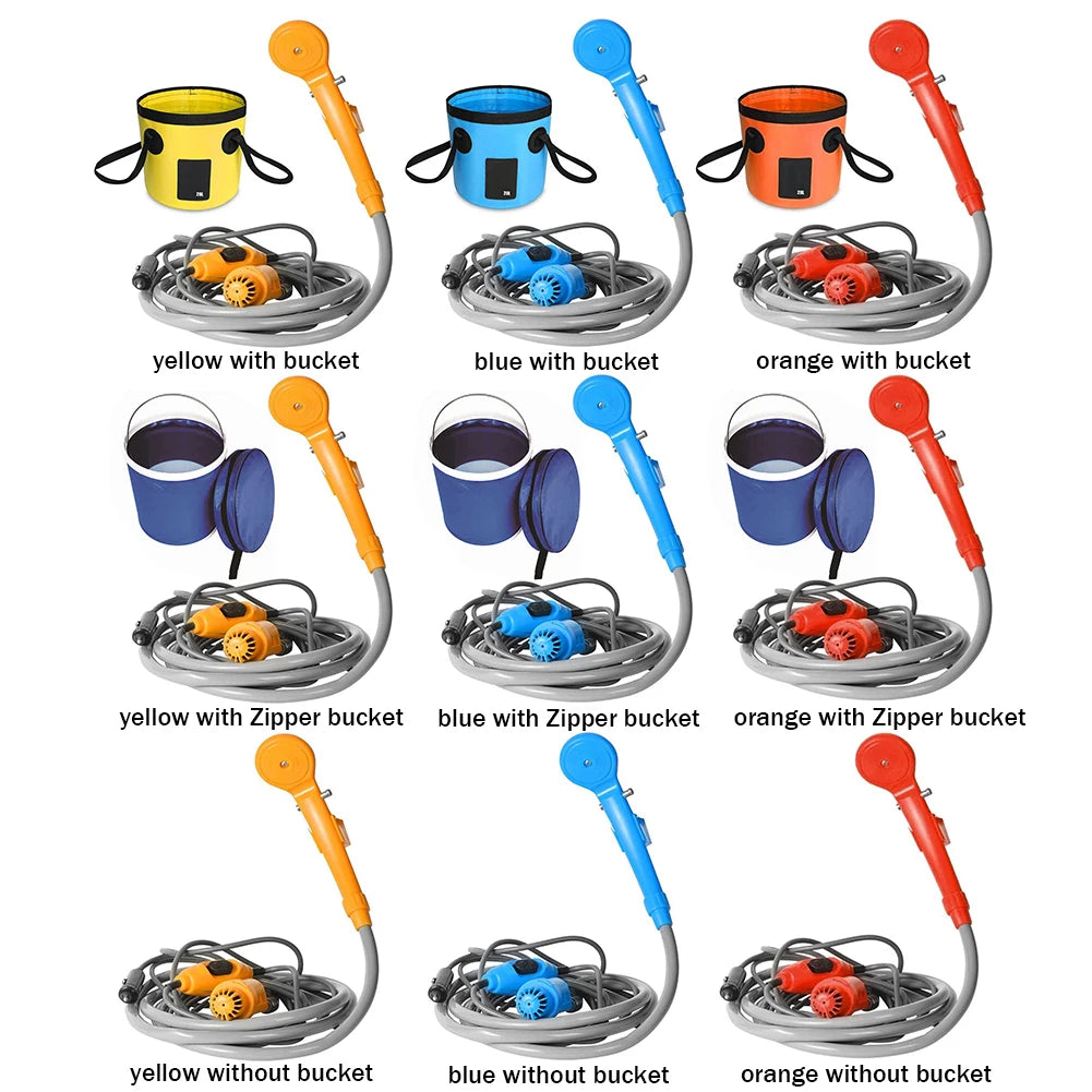 12V Portable Camping Shower Pump with Foldable Bucket Options