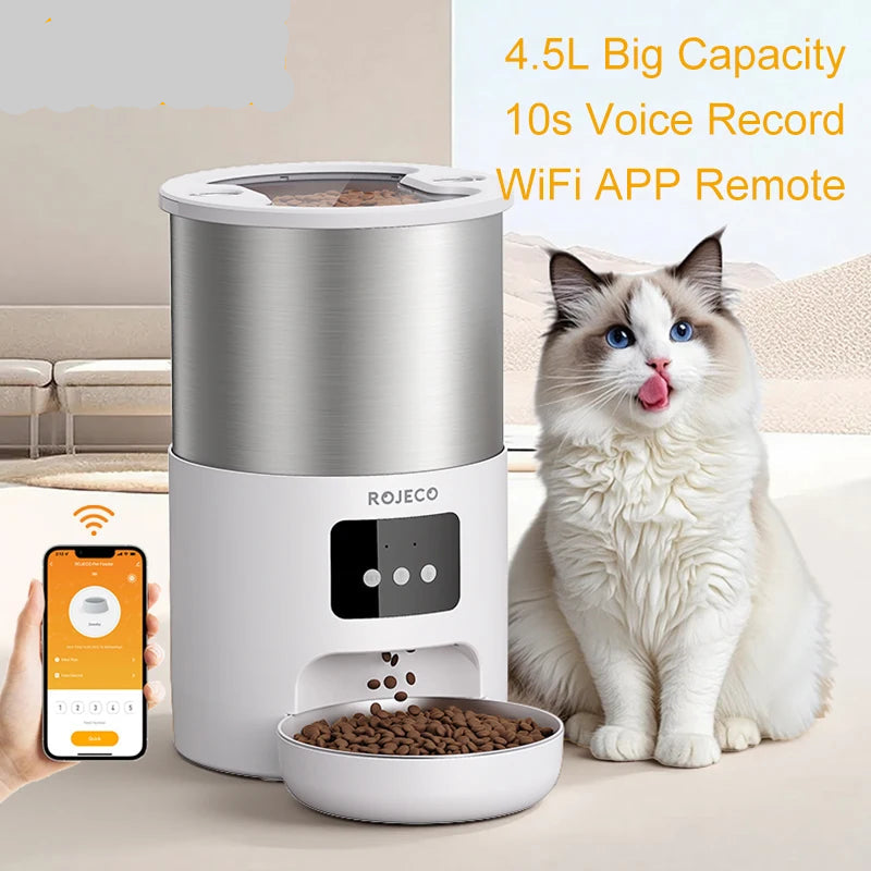 Distributeur automatique intelligent pour animaux de compagnie en acier inoxydable de 4,5 L avec Wi-Fi et enregistrement vocal