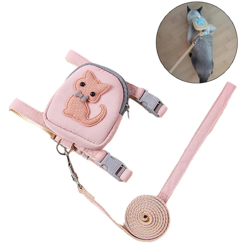 Cartoon Print Cat & Dog Harness with Leash Set and Snack Bag
