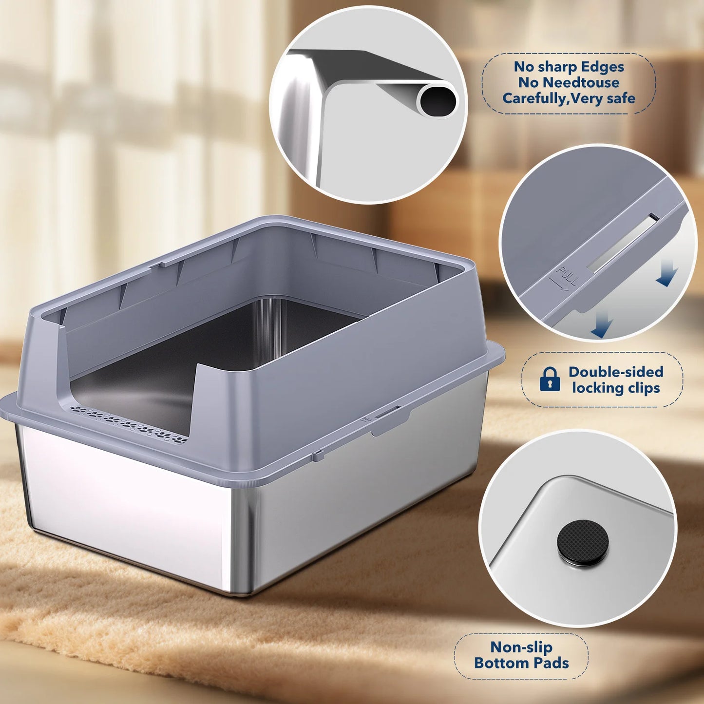 XXXL Stainless Steel Cat Litter Box with Lid — High Sides for Large & Big Cats