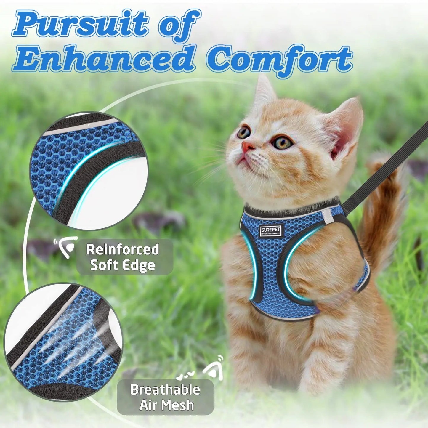 Adjustable Mesh Harness & Lead Set — Breathable Reflective Vest for Small Dogs & Cats