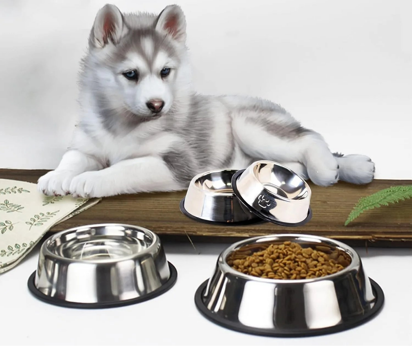 Stainless Steel Pet Bowls Set - 2 Pack Non-Slip Stackable Dishes